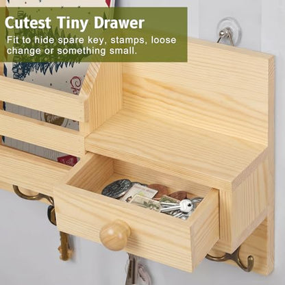 Key Holder Wall Mount, Wooden Key and Mail Organizer, Natural | 2 Mount Options, Includes 8 Hooks, Fence Mail Slot, Small Drawer and Shelf, for Entryway, Hallway, Doorway, Living Room, RV - color: Natural