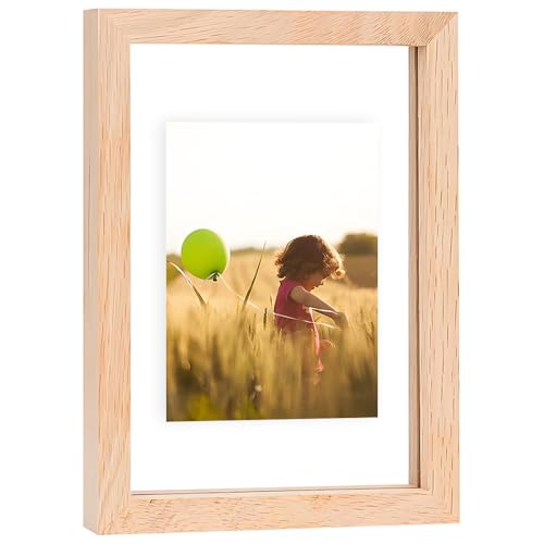 5x7 Floating Picture Frames Double Sided Tempered Glass Oak Wood Picture Frame Floating Display for Photos 4x6,or Full Display for 5"x7" Photos for Christmas,Halloween,Baby Scan,Anniversary,Wedding(Beige) - size: 5x7 inch