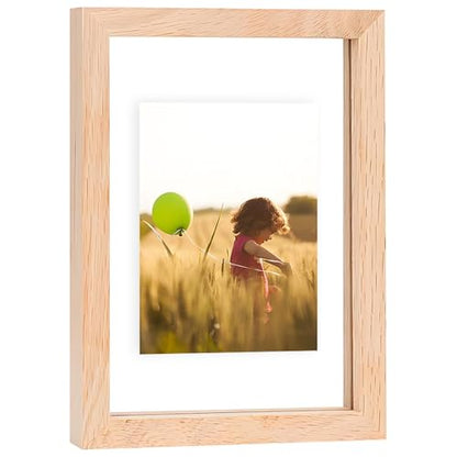 5x7 Floating Picture Frames Double Sided Tempered Glass Oak Wood Picture Frame Floating Display for Photos 4x6,or Full Display for 5"x7" Photos for Christmas,Halloween,Baby Scan,Anniversary,Wedding(Beige) - size: 5x7 inch