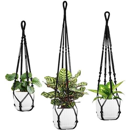 Macrame Plant Hanger - Fits 4-15 Inch Pots, 43"/35"/29" Different Sizes Set, Hanging Planter Holder for Indoor Outdoor, Cotton Rope Boho Home Decor, Black - color: Black, size: 43+35+29in