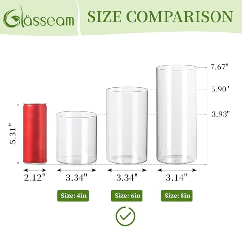 Glasseam Cylinder Vases for Centerpieces, 6Pcs Clear Glass Vase for Flowers | Hurricane Pillar, Floating Candle Holder, Modern, Small Home Decorations, Table Centerpieces, Wedding, Party, 6In - size: 6In