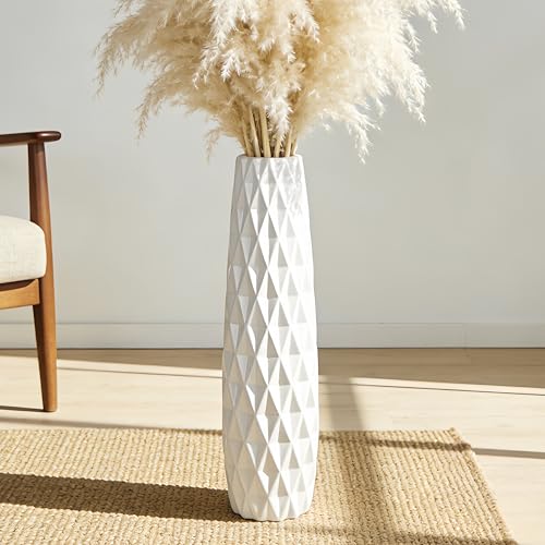 White Tall Ceramic Floor Vase, 24 Inch, Textured Design | Glossy Glazed Finish, Living Room, Fireplace, Entryway, Pampas Grass - color: Shape 2, size: 24 Inch