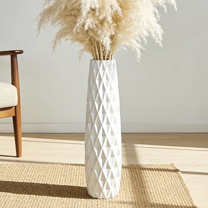 White Tall Ceramic Floor Vase, 24 Inch, Textured Design | Glossy Glazed Finish, Living Room, Fireplace, Entryway, Pampas Grass - color: Shape 2, size: 24 Inch