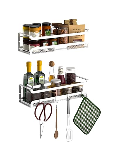 Spice Rack Wall Mount with Hooks - Spice Racks Organizer for Cabinet Storage, Wall Mounted Hanging Shelf Seasoning Organizer, for Kitchen, Pantry Door, Bathroom (White, 2 Pack) - color: White, size: 2 Pack