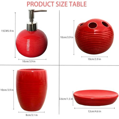 Red Bathroom Accessories Set,4 Pcs Ceramic Bath Accessory Sets Includes Soap Dispenser, Toothbrush Holder, Tumbler and Soap Dish,Bathroom Countertop Organizer Set for Home Apartment