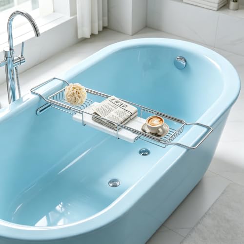 Expandable Bathtub Tray, Stainless Steel Bath Caddy with Marble Board, Adjustable 26.8-35.4 Inch Bathtub Shelf for Bathroom Spa