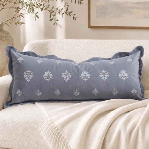 BlissBlush Long Lumbar Pillow Cover 14x36 for Bed, Coastal Blue Velvet Decorative Lumbar Pillow Cover with Scallope Edge, Dusty Blue Floral Embroidery Accent Cushion Cover for Couch Sofa, Cover ONLY - color: Dusty Blue, size: 36" x 14" (Pack of 1)