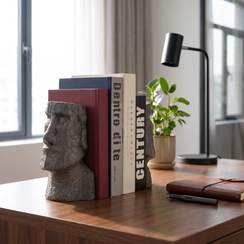 Decorative Bookends Easter Island Book Ends, Modern Book Holder Ends for Shelves, Novelty Heavy Duty Book Ends for Office Home Desk Bookshelf, 6.3" L x 6.7" H x 3.5" W, Resin