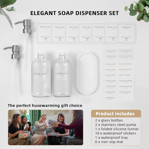 Glass Soap Dispenser - Dish Hand Soap Dispenser Set for Kitchen, Bathroom Soap Lotion Dispenser with 304 Rust Proof Pump, Tray, Clear Bottle/Silver Pump - color: Clear Bottle/Brushed Silver Pump + Tray + Funnel