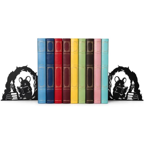 Sintuff 2 Pcs Metal Bookends Mouse Reading Book Book Ends for Shelves Decorative Bookshelf Hollow Letter Bookends Home Library Office School Desk Bookshelf Decor for Back to School Books Lovers Gift - style: Mouse Reading Book