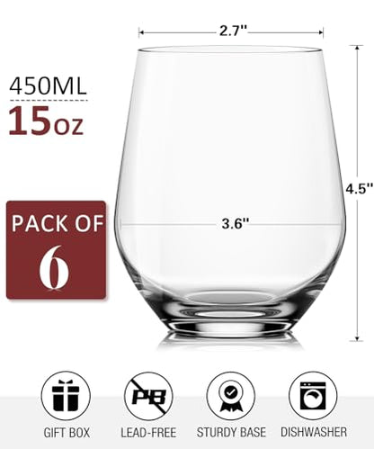 OJA Wine Glasses Set, Crystal Stemless Red Wine Glass, Set of 6, 15 oz | No Stem, Clear, Sturdy Drinking Glass for White Wine, Daily Use, Birthday, Wedding, Home Party, Anniversary, Shower Gift - style: Set of 6-15 oz
