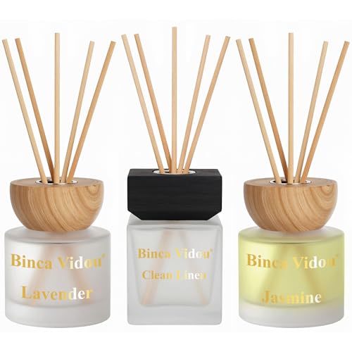 Reed Diffuser Set of 3, Binca Vidou Natural Scent Oil Diffusers with Sticks for Home Office Bathroom Aromatherapy Decor 3.38oz x 3(Lavender, Linen & Jasmine) - color: Lavender, Linen & Jasmine 3.38oz X 3