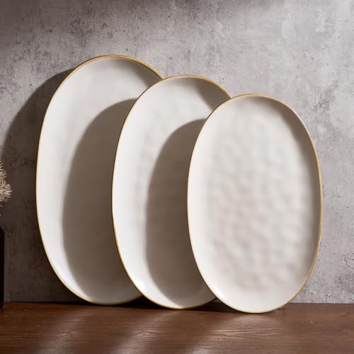 famiware Serving Platters Set of 3 Sizes - Oval, Matte White | 15.59"/14.3"/12.9" Fine Stoneware Serving Trays for Party, Entertaining for Food, Turkey, Cheese, Microwave Dishwasher Safe - color: Matte White