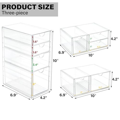 Prsildan Acrylic Drawer Makeup Organizer with 9 Drawers, Set of 3 Office Desk Organizers Accessories, Clear Stackable Storage Drawers for Vanity, Countertop, Craft, Jewelry, Art Supply Organization - size: 9 Drawers