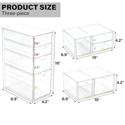 Prsildan Acrylic Drawer Makeup Organizer with 9 Drawers, Set of 3 Office Desk Organizers Accessories, Clear Stackable Storage Drawers for Vanity, Countertop, Craft, Jewelry, Art Supply Organization - size: 9 Drawers