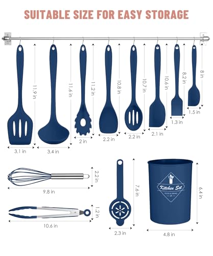 Blue Kitchen Utensils Set-12 Pieces Silicone Cooking Utensils Set | Dishwasher Safe 392°F Heat Resistant Spatula Set Kitchen Utensil Set for Nonstick Cookware,Best Kitchen Tools with Holder - color: Blue