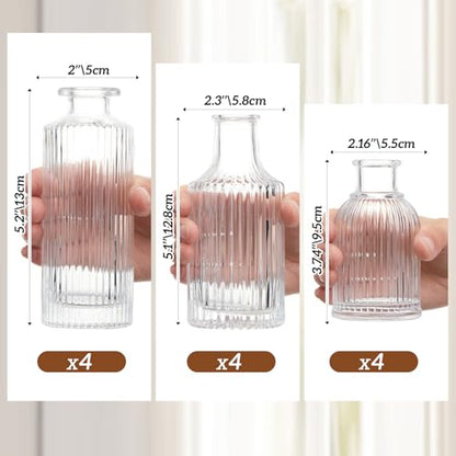 12 Sets Ribbed Glass Bud Vases Set for Flowers in Bulk Mini Smal Mini Ribbed Vases for Centerpiece Table Decorative Wedding Reception, Party, Home Decor, Housewarming Gift