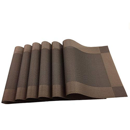 Vinyl Brown Placemats Heat Resistant Dining Table Mats Non-Slip Washable Place Mats Set of 6 （Brown） - color: Brown