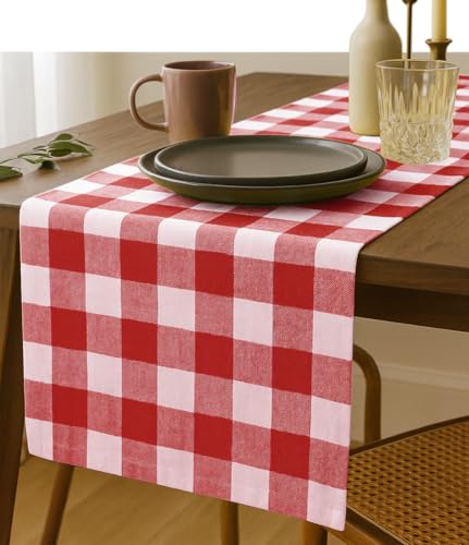 Red Buffalo Check Table Runner, 13x72 Inches, 100% Cotton, Washable Farmhouse Table Décor, Reusable Rustic Dining Table Linen for Christmas, Holidays and Family Gatherings - color: Red, size: 72" x 13" (Rectangular)
