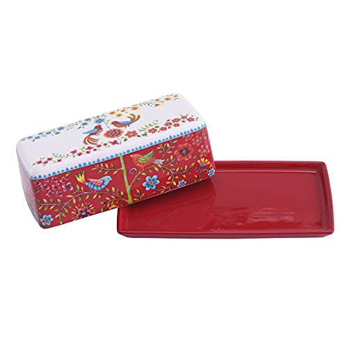 Bico Red Spring Bird Ceramic Butter Dish with Lid, Wide Butter Keeper for Counter, Kitchen Countertop, Microwave and Dishwasher Safe - color: Red Spring Bird