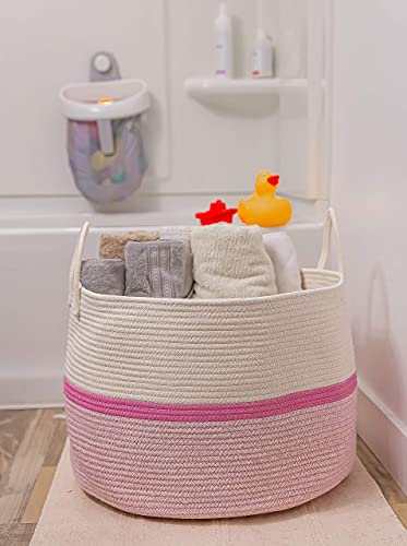 OrganiHaus Round Toy Basket & Blanket Basket, Cotton Rope 20x13" | Striped Pink - Round Cotton Rope Basket, 20x13" - color: Striped Pink, size: Wide