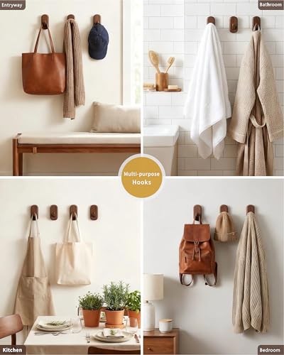 Wooden Wall Hooks for Hanging - 4 Pack Heavy Duty Coat Hooks Wall Mount- Solid Walnut Wood Hat, Bag, Backpack & Towel Hooks - Modern Key Holder for Bathroom & Entryway (Dark Walnut) - color: Dark Walnut