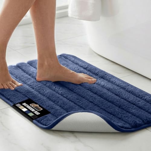 GORILLA GRIP Memory Foam Bathroom Rugs, Soft Absorbent Textured Rubber Backing Striped Bath Mat, Machine Washable Quick Dry Cushioned Floor Mats, Shower Rugs Home Decor Accessories, Navy 30x18 - color: Navy, size: 30" X 18"