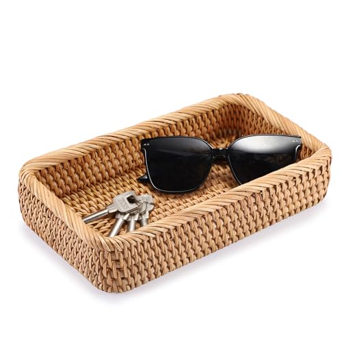 Hipiwe Natural Rattan Tray Key Basket for Entryway Rectangle Wicker Trays | Hand Woven Serving Basket for Remote Trinket Decorative Rattan Storage Basket Home Decor, 10" x 5.9" x 2.2" - color: Natural Color, size: 10" x 5.9" x 2.2"