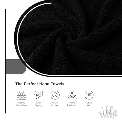 Villa Celestia Cotton Hand Towels Set of 4, 16 x 28, Oeko-TEX Certified, Quick Dry, Black - color: Black, size: Hand Towel - Pack of 4