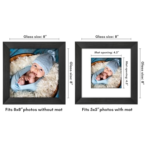 Americanflat 8x8 Picture Frame - Matted to 5x5 - Engineered Wood - Black | Shatter-resistant glass, wall or tabletop display with included easel, sawtooth hangers included, secure turn-tab backing - color: Black, size: 8x8