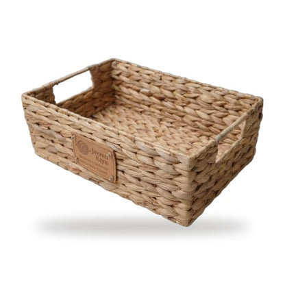 Handmade Water Hyacinth Wicker Storage Basket with Handles – Rectangle Organizer Bin for Shelves, Blanket, Bathroom, Closet – Stackable – Decorative & Durable (1, S: 12" x 8" x 4") - size: S: 12" x 8" x 4"