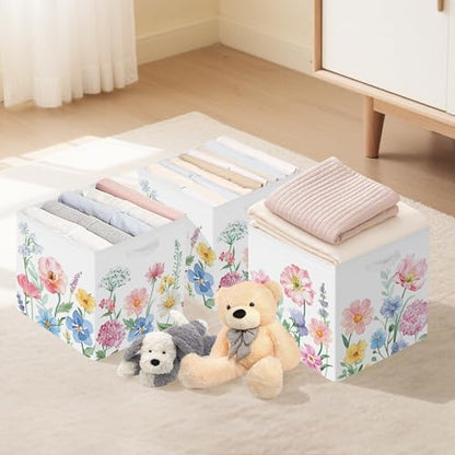 Clastyle 11.8" Flower Storage Basket Set of 3 for Kid Women Toy Clothes Bin | Collapsible Fabric Book Bin, Metal Frame Bottom Board, Cube Organizer, Closet Nursery Pantry Shelf Bedroom, Watercolour - color: Watercolour