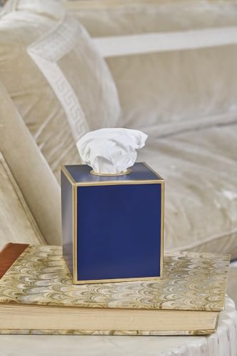Jaye's Studio Square Tissue Box Cover, Blue Metal Gold Cube for Bathroom | Matte Hand-Painted Finish, Fits Standard Facial Holders, Polished Trim, Open Bottom, Coastal Nursery Use - color: Blue