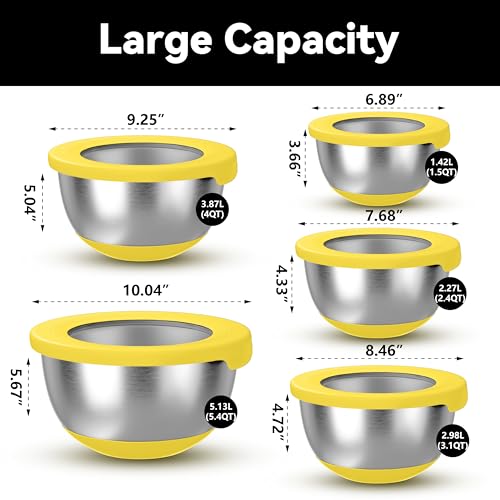 KITEISCAT Stainless Steel Mixing Bowls with Lids – Set of 5 Large Nesting Metal Bowls for Kitchen, Baking, Cooking, Food Prep & Storage, Non-Slip Base, Dishwasher Safe,Yellow - color: Yellow
