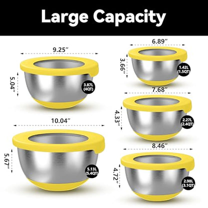 KITEISCAT Stainless Steel Mixing Bowls with Lids – Set of 5 Large Nesting Metal Bowls for Kitchen, Baking, Cooking, Food Prep & Storage, Non-Slip Base, Dishwasher Safe,Yellow - color: Yellow