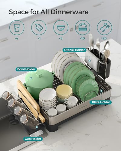 SONGMICS Dish Drying Rack, Premium Stainless Steel Dish Rack with Rotatable Spout, Fingerprint-Resistant Dish Drainers for Kitchen Counter, 12.5 x 22.5 in, Silver and Black UKCS030B01 - color: Silver + Black, size: 12.5"D x 22.5"W x 9.7"H