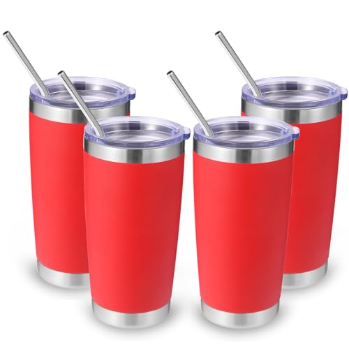 Volhoply 20oz Stainless Steel Tumbler with Lid and Straw Bulk 4 Pack,Double Wall Insulated Travel Iced Coffee Mug Fits Cup Holder,Powder Coated Cups for Hot/Cold Drinks,Gifts for Women（Red,4 Set） - color: Red