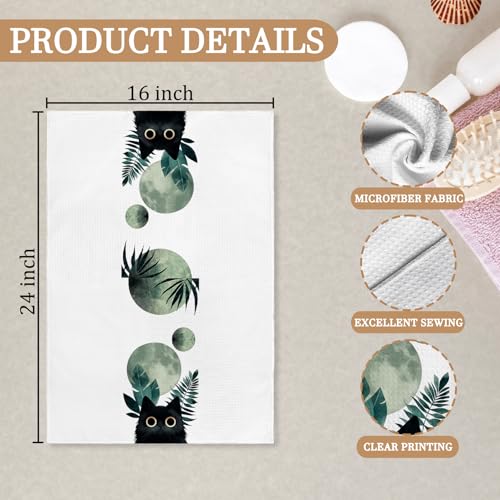 Boho Black Cat Kitchen Towels Set of 4, Sage Green Mid Century Modern Abstract Botanical Decorative Hand Towel for Bathroom, Black Cat Gifts Dish Tea Towels for Kitchen Decor, 16x24 Inch