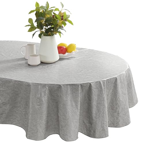 Newbridge Napa Leaf Grey Vinyl Flannel Backed Tablecloth, 60 x 84 Inch Oval, Hotel Quality Waterproof Indoor Outdoor Table Cover for Kitchen, Patio, Dining, BBQ - color: Grey, size: 84" x 60" (Oval)