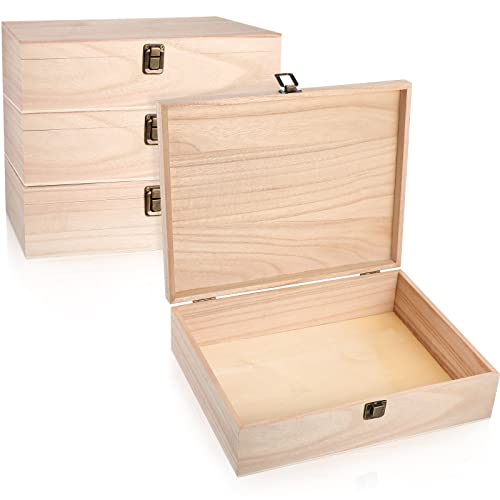 Yookeer 4 Pcs Unfinished Wooden Boxes with Hinged Lid and Front Clasp Rectangle Wood Storage Box Natural DIY Craft Stash Bins for Gift Hobbies Keepsake Home Arts 12 x 9.25 x 3.35 Inch