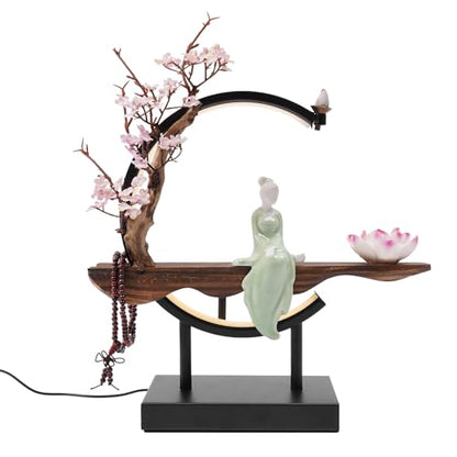 Backflow Incense Burner | Lotus Incense Holder Waterfall Smoke Fountain with Handmade Ceramic & Stable Wood Base for Meditation, Yoga, Tea Room & Home Decor | 32x35cm