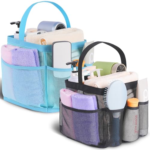 EUDELE 2 Pack Mesh Shower Caddy Portable for College Dorm Room Essentials, Shower Caddy Dorm with 9-Pocket Large Capacity,Shower Bag for Beach,Swimming,Gym All Black+All Ice Blue - color: All Black+All Ice Blue