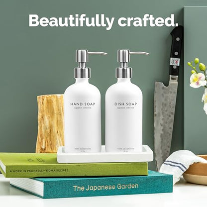 Vine Creations Glass Soap Dispenser Set, Kitchen Soap Dispenser Set with Ceramic Tray, 16 oz Dish Soap and Hand Soap Dispensers with Stainless Steel Pump Decor (White Bottle/Silver) - color: White Bottle / Silver Pump