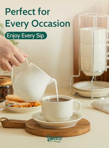 Sweese Porcelain Cappuccino Cups Set - 8 oz Stackable Coffee Mugs with Saucers, Metal Stand, Dove Grey, Set of 4 - color: Dove Grey, size: 8 Ounces