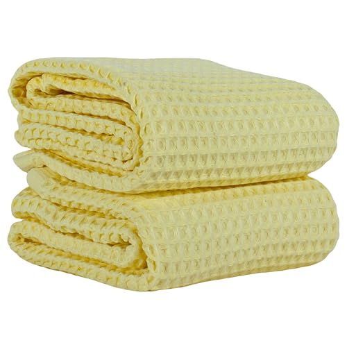 PÜSKÜL 2-Piece Natural 100% Turkish Cotton Waffle Bath Towels Extra-Large | Light Yellow, 32x63" Bath Sheet Towel, Soft Absorbent Quick-Dry Lint-Free Premium 3D Honeycomb Weave Oeko-Tex Made in Turkiye - color: Light Yellow