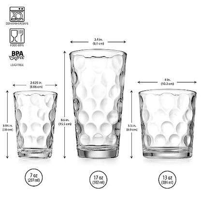 Home Essentials & Beyond Glassware Set 18 Piece Mixed Drinkware Set. 6 Highball Tumblers-17 oz., 6 Rock Whiskey-13 oz., and 6 Juice-7 oz. All Size Glass Cups Drinking Glasses. (Design on Inner Glass)