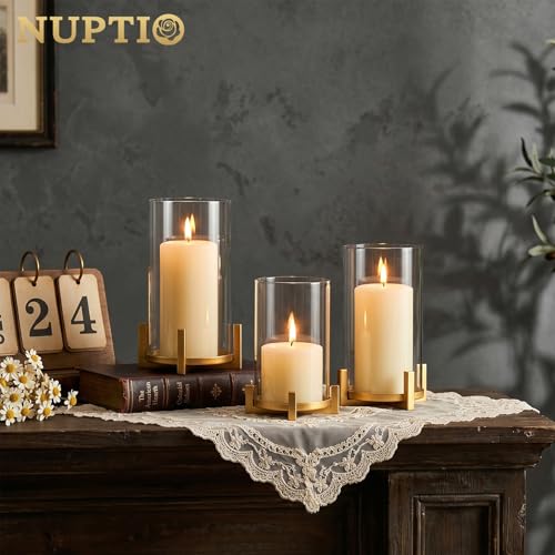 NUPTIO Gold Pillar Candle Holder: Hurricane Glass Candle Stands with Sleeve | Set of 3 Brass Decor with Clear Cover for Thanksgiving Christmas Fireplace Table Centerpiece