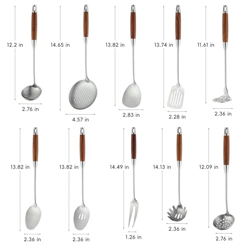 Izurok 18/10 Stainless Steel Kitchen Utensils Set,10 Piece Cooking Utensils With Wood Handle,Heat Resistant Kitchen Tool Set With Spatula,Spoon,Ladle,Skimmer,Slotted Turners,Pasta,Turner,Ladl,Fork - color: SILVER-10 Pieces, size: Small
