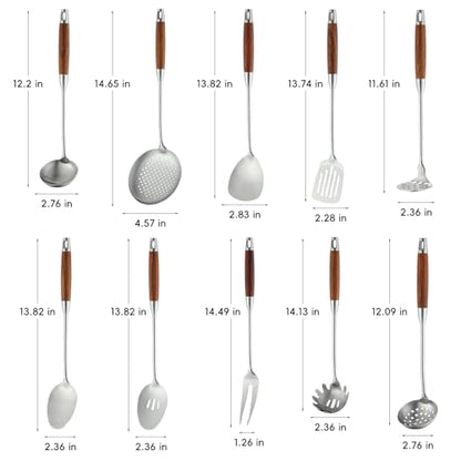 Izurok 18/10 Stainless Steel Kitchen Utensils Set,10 Piece Cooking Utensils With Wood Handle,Heat Resistant Kitchen Tool Set With Spatula,Spoon,Ladle,Skimmer,Slotted Turners,Pasta,Turner,Ladl,Fork - color: SILVER-10 Pieces, size: Small