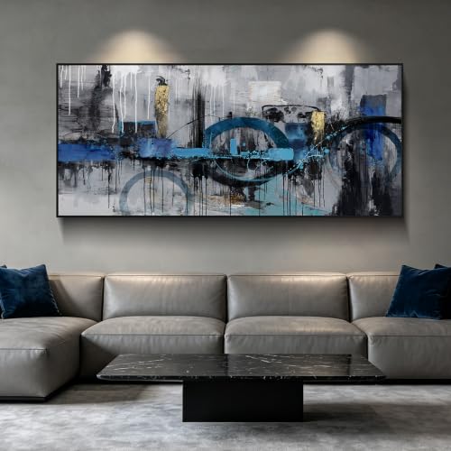 Abstract Wall Art for Living Room Bedroom Above the Sofa Picture Artwork | Oversized 86x39 Inches Made of Canvas with a Black Frame This Blue-Gray-Gold Piece Offers Minimalist Luxury Wall Decor - color: Grey Abstract - 3, size: 86x39